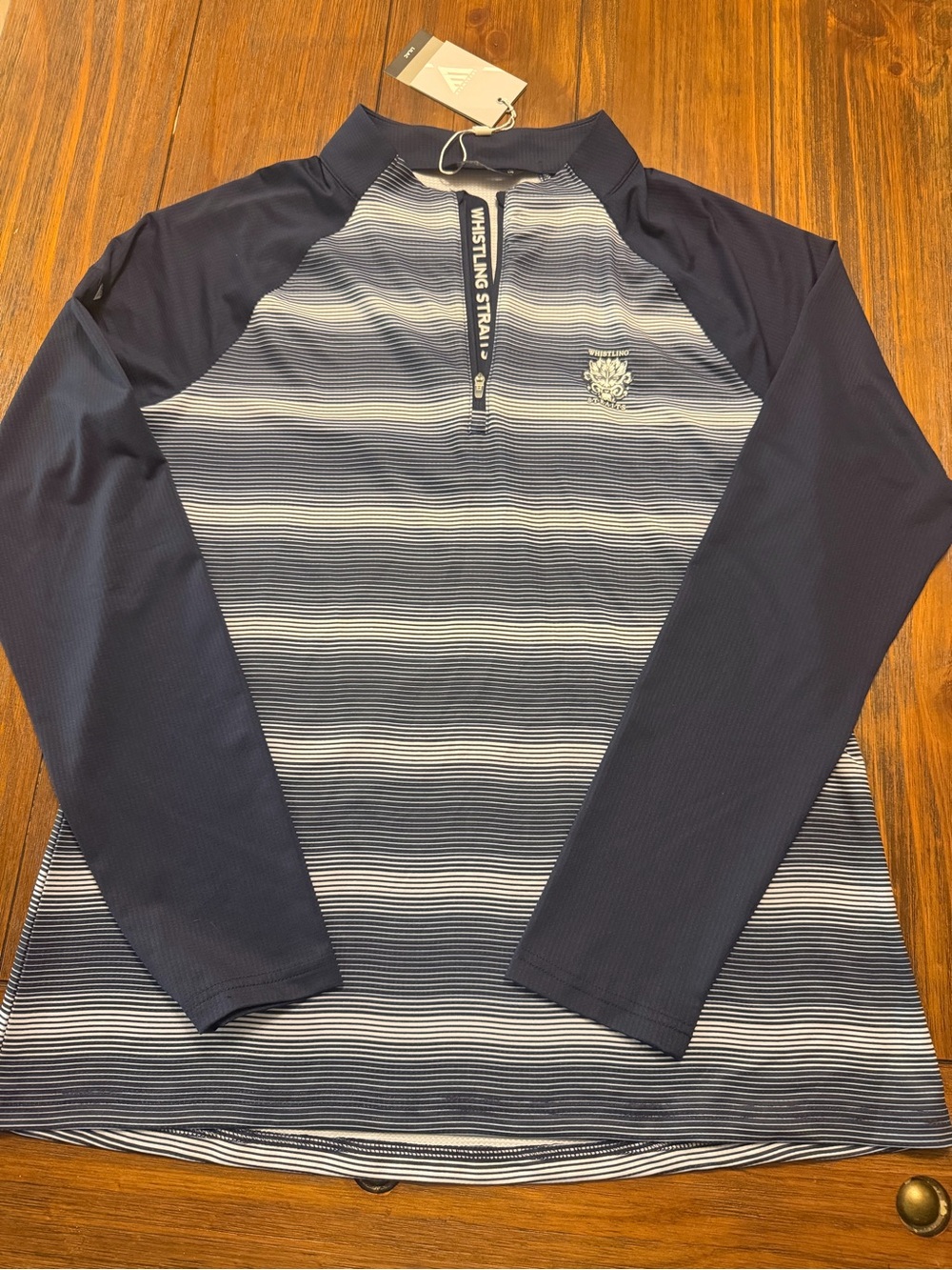 Whistling Straits Levelwear women's large Navy Striped Long-Sleeve golf Shirt;